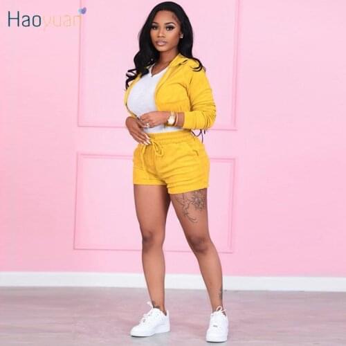 HAOYUAN Workout Plus Size Two Piece Sets Women Sweat Suits Long Sleeve Hoodies Shorts Tracksuit Loungewear Outfits Matching Sets