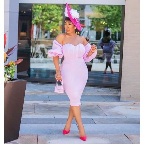 2021 Summer New Tube Top Strapless V-Neck Knee Bandage Dress Sexy Temperament Bubble Short Sleeve Ladies Elegant T Stage