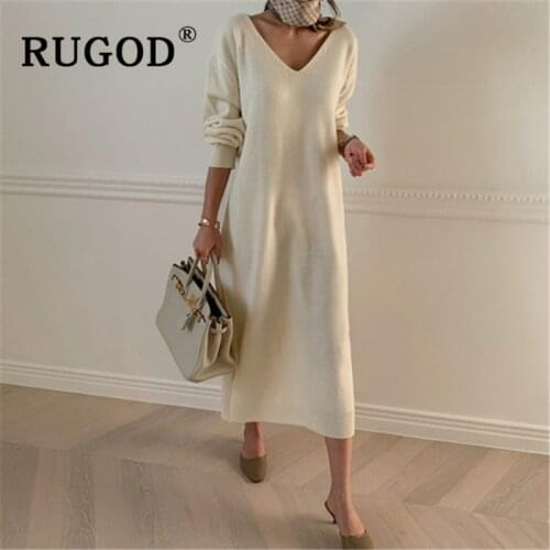 RUGOD Winter warm knitted women sweater dress Korean ins V necl long sleeve pullover long dress female Casual soft loose dress