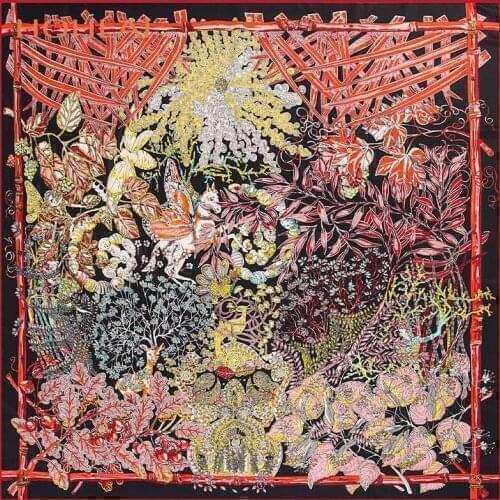 130cm Forest Animal Garden Print Twill 100% Silk Scarf Women Square Scarves Luxury Brand Scarf Kerchief For Ladies Fashion Shawl