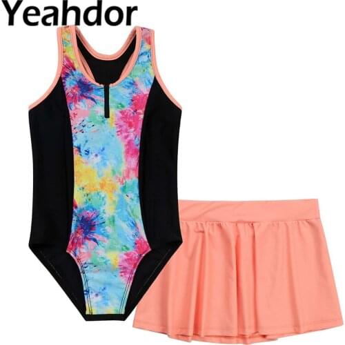 2pcs Kids Girls Swimwear Beachwear Swimming Bathing Suit Round Neck Sleeveless Racer Back Keyhole Back Jumpsuit and Skirt Set