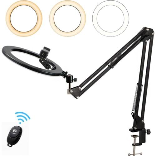 26cm Selfie Ring Light With Long Arm Stand Remote Control Phone Clip Photography Lighting Ring Lamp For Makeup YouTube Tik tok