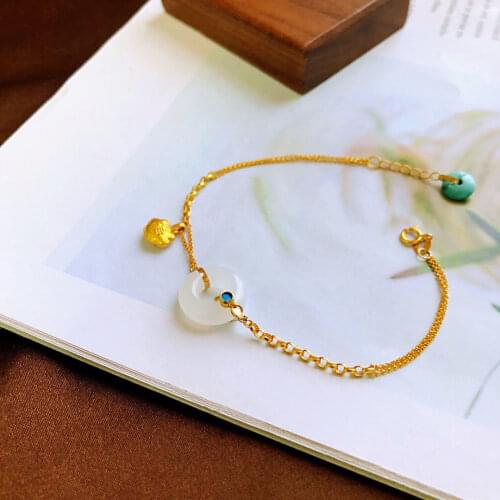 Natural Hetian Jade Safeness Ring Bracelet Inlaid S925 Sterling Silver Auspicious Gourd Peace Buckle Turquoise Bracelet Ornament