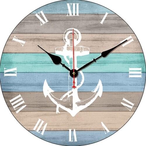 Clock 12" Round Large Rustic Beach Wood Nautical Stripes Anchor Wall Clock Reloj De Pared Silent Wood Style Wall Clock Art