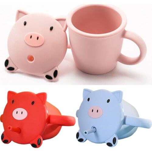 240ml BPA Free Cartoon Baby Drinking Cups Portable Non-slip Silicone Water Mug Child Feeding Bottle with Double Handle Lid