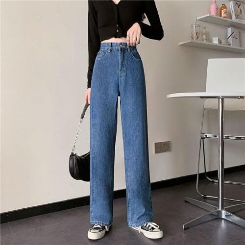Spring Autumn Wide-Leg Jeans Womens High-Waist Denim Pants Retro Loose Droop Straight Trousers Classic All-Match Jeans