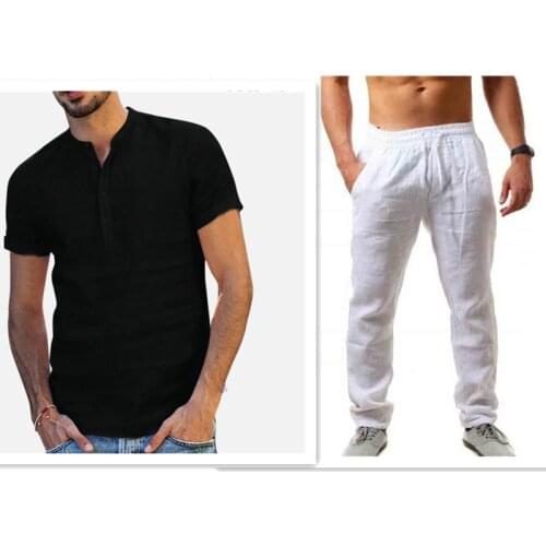 Men Mix And Match Cotton And Linen T-Shirt Shirt Linen Pants Fashion Breathable Spring And Summer Business Leisure 2 Pcs Of Suit