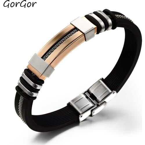 GorGor Men Bracelet Mechanical Design Titaium Steel Hollow Out Silicone Strap Open Sports Bracelet Hand Accessories 793B