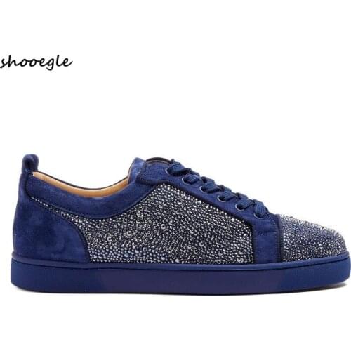 SHOOEGLE Shiny Crystal Sneaker Men Low Top Sneakers Glitter Flat Rhinestone Flats Lace-up Sneakers Blue White Red Black
