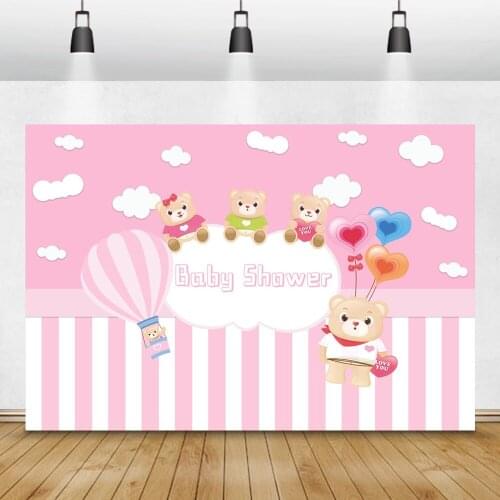 Laeacco Cute Bear Baby Shower Photography Backgrounds Sky Clouds Stripes Balloons Customized Photographic Backdrops Photocall