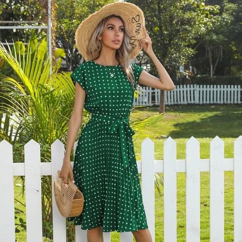 Summer Women Boho Dress Polka Dots Print Bandage Short Sleeve Temperament O Neck Ruffle Casual Loose Streetwear Ladies Dresses