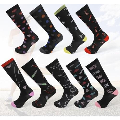 Men Women Compression Socks Heart Dot Hat Pattern High Tube Unisex Outdoor Running Cycling Black Long Pressure Stockings