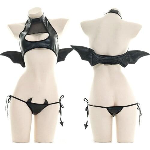2020 New Sexy Lingerie Set Patent Leather Wings Demon Open Chest Velcro Design Role Playing Underwear Uniform Temptation Pajamas