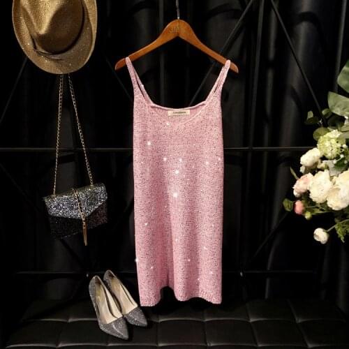 Cakucool summer dress spaghetti sequined knitted slip dress shiny slim sexy pink mini vestido de mujer jurken women 2020