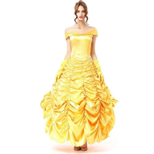 Christmas Deluxe Yellow Beauty And The Beast Bell Princess Fantasia Cosplay Costume Halloween Party Belle Roles Fancy Dress