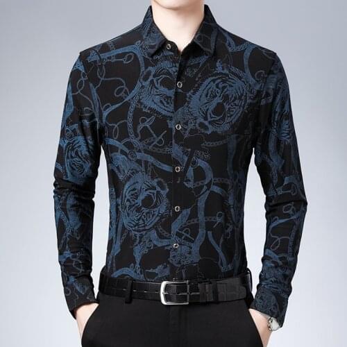 Tiger Chain Printed Autumn Silk Long Sleeve Shirts For Mens Oversize Costume Elastic 4xl Stretch Clothes Big Size Blue Blouse