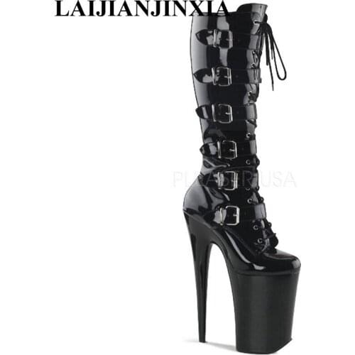 LAIJIANJINXIA New 20 cm high heel boots, sexy buckle black paint platform boots club fashion women Knee-High boots