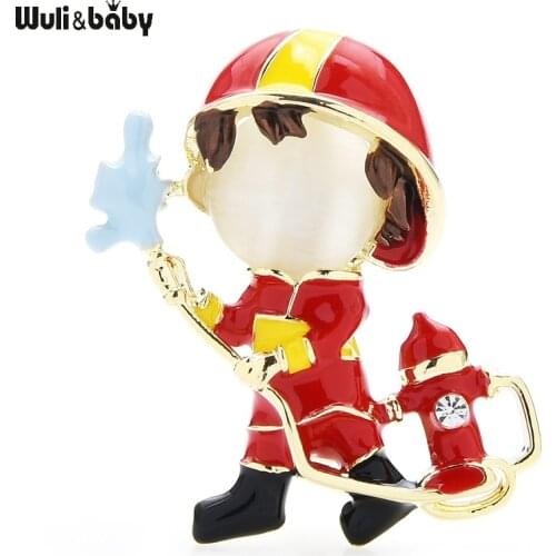 Wuli&baby Enamel Opal Fireman Brooches Unisex 2-color Men Use Fire Extinguisher Figure Office Causal Brooch Pins Gifts