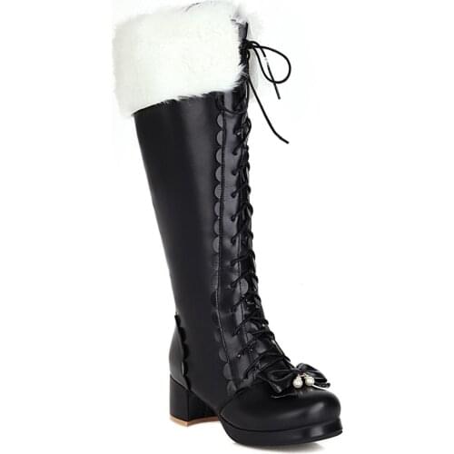 Thick-Heeled Cross-Laced Lolita Style Womens Boots With Artificial Rabbit Fur Trim And Pearl Embellished Wavy Knee-Length Boots