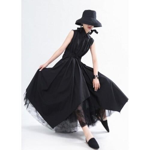 Women Black Asymmetrical Bandage Long Shirt Dress New Lapel Sleeveless Loose Fit Fashion Tide Spring Summer 2020 Button Dresses