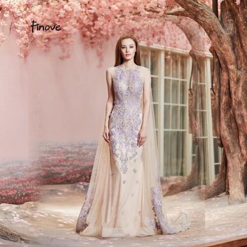 Finove New Evening Dresses Long 2020 Elegant O-Neck Tulle With Cloak Appliques Party Mermaid Dresses For Women Plus Size