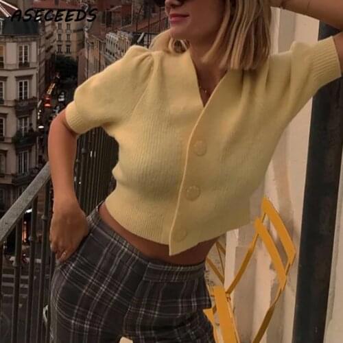 Crop top women cardigan sweater korean knitted sweaters vintage cropped sweater yellow cardigans short sleeve summer 2020