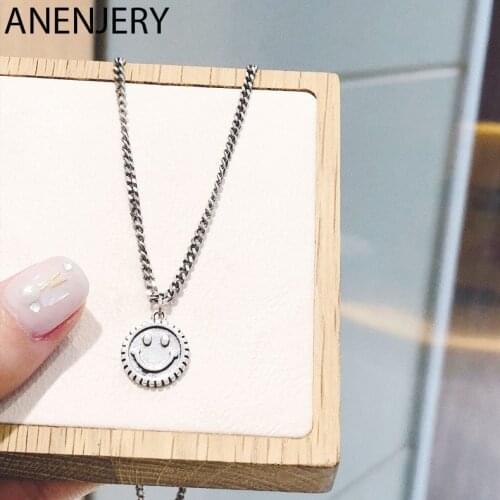 ANENJERY Simple Vintage 925 Sterling Silver Smiling Face Pendant Necklace For Women Men Couple Chain Necklace Friend Gift S-N694