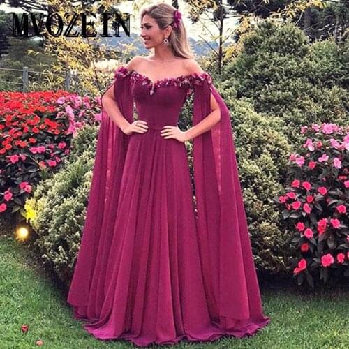 Long Fuchsia Flowers 2020 Evening Dresses With Sleeves Chiffon Prom Gowns Robe De Soiree Elegant Formal Arabic Dress