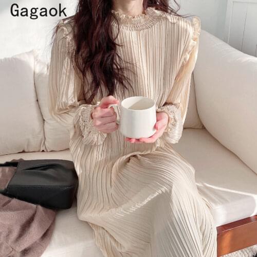 Gagaok Woman Dress 2021elegant Spring Autumn New Straight Solid Flare Sleeve Stand Dresses Korean Loose Chic Fashion Vestidos