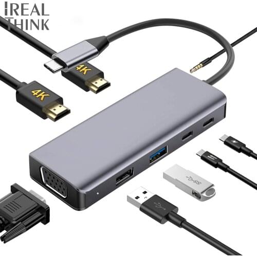 IREALTHINK USB C Type C Hub Laptop/Macbook Dock Dual Dispaly Pro accessories Splitter VGA 3.5mm audio jack PD 100W USB 3.0 HUB