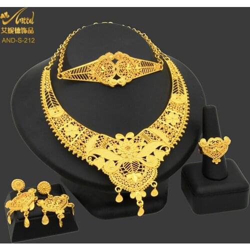 Indian Gold Plated Jewelry Set Wedding African Gold Necklace Bracelet Earring Ring Ethiopian Dubai 24K Jewellery Bridal Set