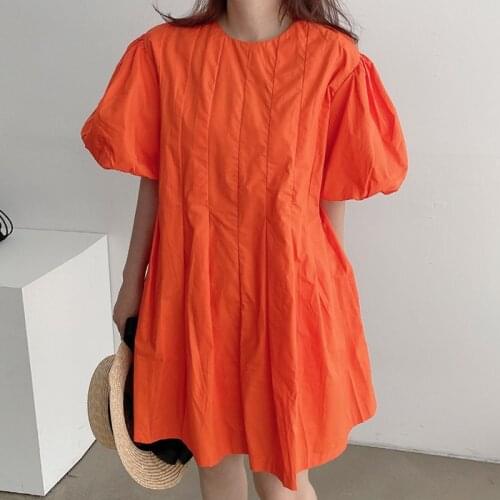 Korea Chic Age Reduction Orange Color White Round Neck Pleated Design Loose Short Short Puff Sleeve Dress Female