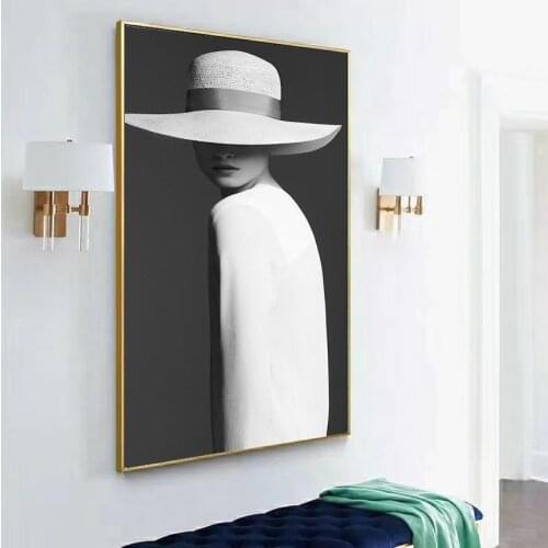Best Black White Fashion Wear A Hat Girl Wall Art Canvas Painting Nordic Posters And Prints Decoration Pictures For Living Room