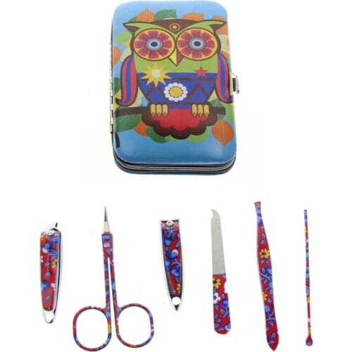 6Pcs/Set Flower Printed 2 Kinds Professional Owl Manicure Set Nail Care Set Kit Tool For Women Girl Child Kid Gift
