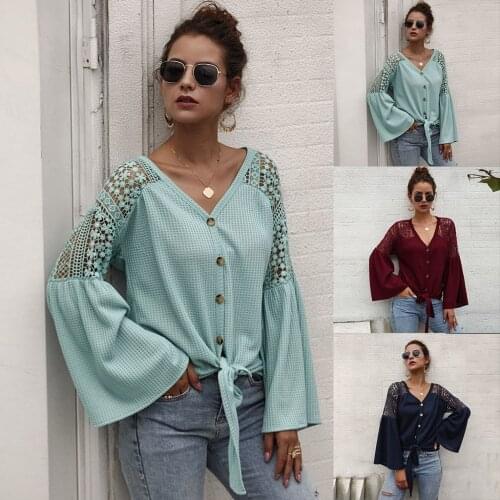 40# Fashion Womens Casual Shirt Summer V-Neck Sexy Lace Long Sleeve Tops Womens Tops And Blouses Camisa Chemisier Femme
