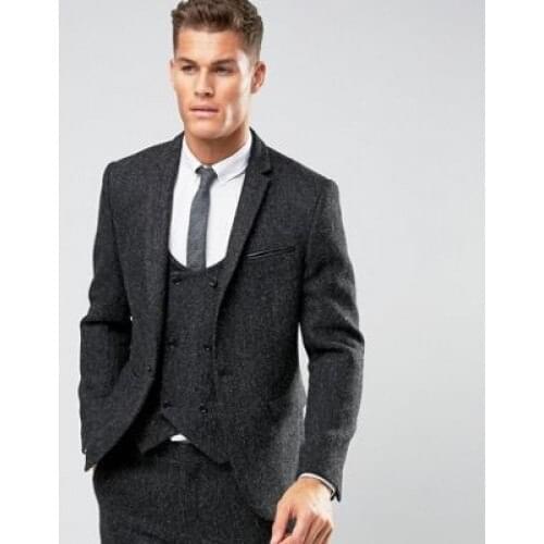 2018 Latest Coat Pant Designs Smoking Grey Tweed Men Suit Slim Fit 3 Piece Tuxedo Custom Style Suits Groom Prom Blazer Masculino