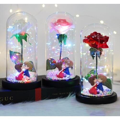 New Beauty And Beast Rose With Black Base In Glass Dome Flashing Colorful LED Night Wedding Deco Christmas Gift ValentineS Day