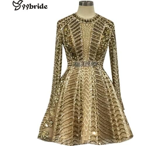 New Luxury Gold Beading Cocktail Dresses Full Sleeves Crystals Party Dresses Mini Short Backless Scoop Vintage Celebrity Dresses