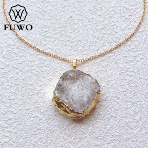 FUWO Wholesale Rough Round Crystal Quartz Necklace With 24K Gold Filled Brass Chain Fashion Raw Clear Quartz Jewelry NC059