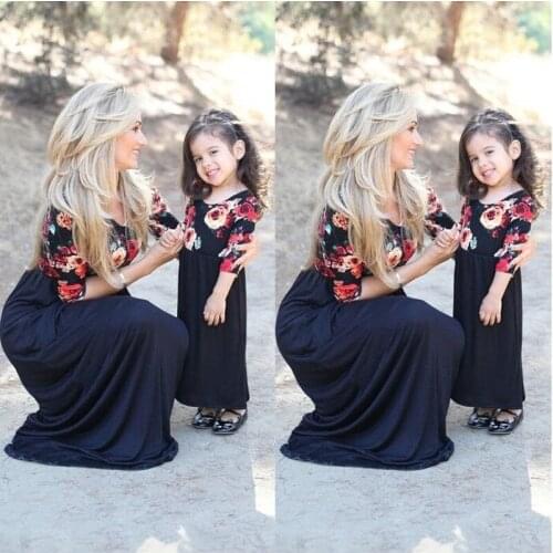 Mother Daughter Dress Family Matching Clothes Floral Mom Kids Parent Long Dress Outfits Set