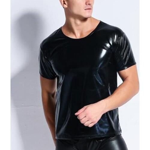 XXL Sexy Mens Patent Leather Black Tees Tight T-Shirt Tops Tees Men Wet Look Fetish Latex DS Nightclub Catsuit Exotic T Shirts