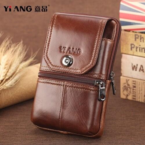 YIANG Brand Men Cowhide Waist Fanny Packs Genuine Leather 6.5 inch Cell/Mobile Phone Hip Bum Bags Male Waist Bags High Quality