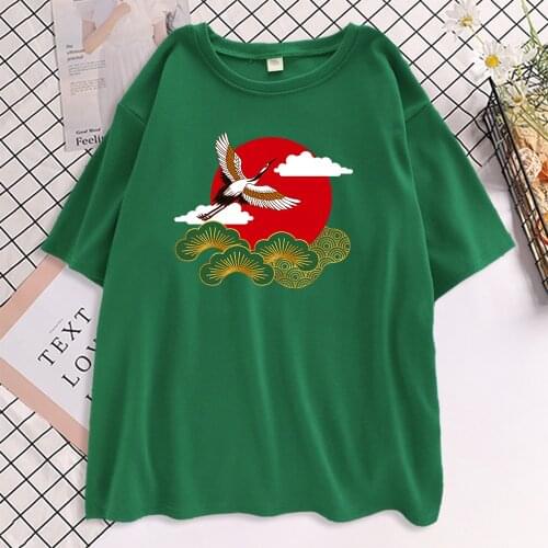 Chinese Style Landscape Crane Printing Tshirts Women Loose Breathable T Shirt Fashion Brand Clothing Casual S-Xxxl Womens Tshirt