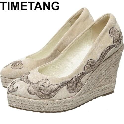 TIMETANGPrincess Kates Same Suede Wedge Single Shoes Womens Printed Embroidery Espadrilles Spring Autumn New Sandals High Heel