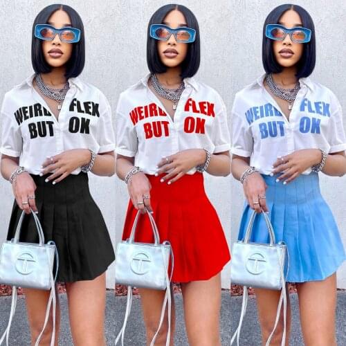 Women Digital Letter Offset Shirt +pleated Skirt Two Piece Set Women Fashion Sexy Skirt Suit Activewear Girl Lounge Wear Outfits