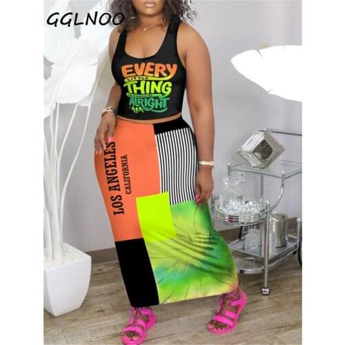 GGLNOO Women Summer Letter Striped Print Top + Print Long Skirt 2-Piece Set Casual Long Skirt Suit Vestidos