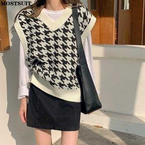 Chic Plaid V-neck Women Vest Jumpers 2021 Autumn Sleeveless Loose Women Sweater Houndstooth Casual Female Pullovers Tops