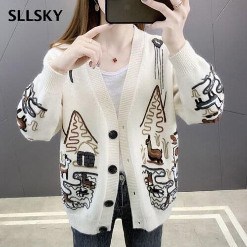 SLLSKY Oversized Women Cardigan Sweater 2021 Spring Autumn Long Sleeve Knitted Cardigan Outwear Embroidery Coat Woman Sweater