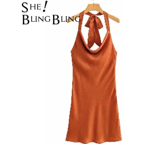 SheBlingBling Za Female Summer Sleeveless Halter Party Dress 2021 Fashion Draped Collar Backless Women Casual Satin Mini Dress