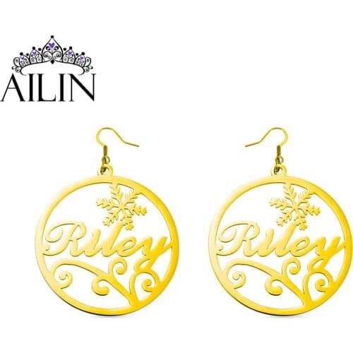 AILIN Custom Hoop Earrings With Name Women Big Size Snowflake Shape Stainless Steel Personalized Jewelry Christmas Gift 2020